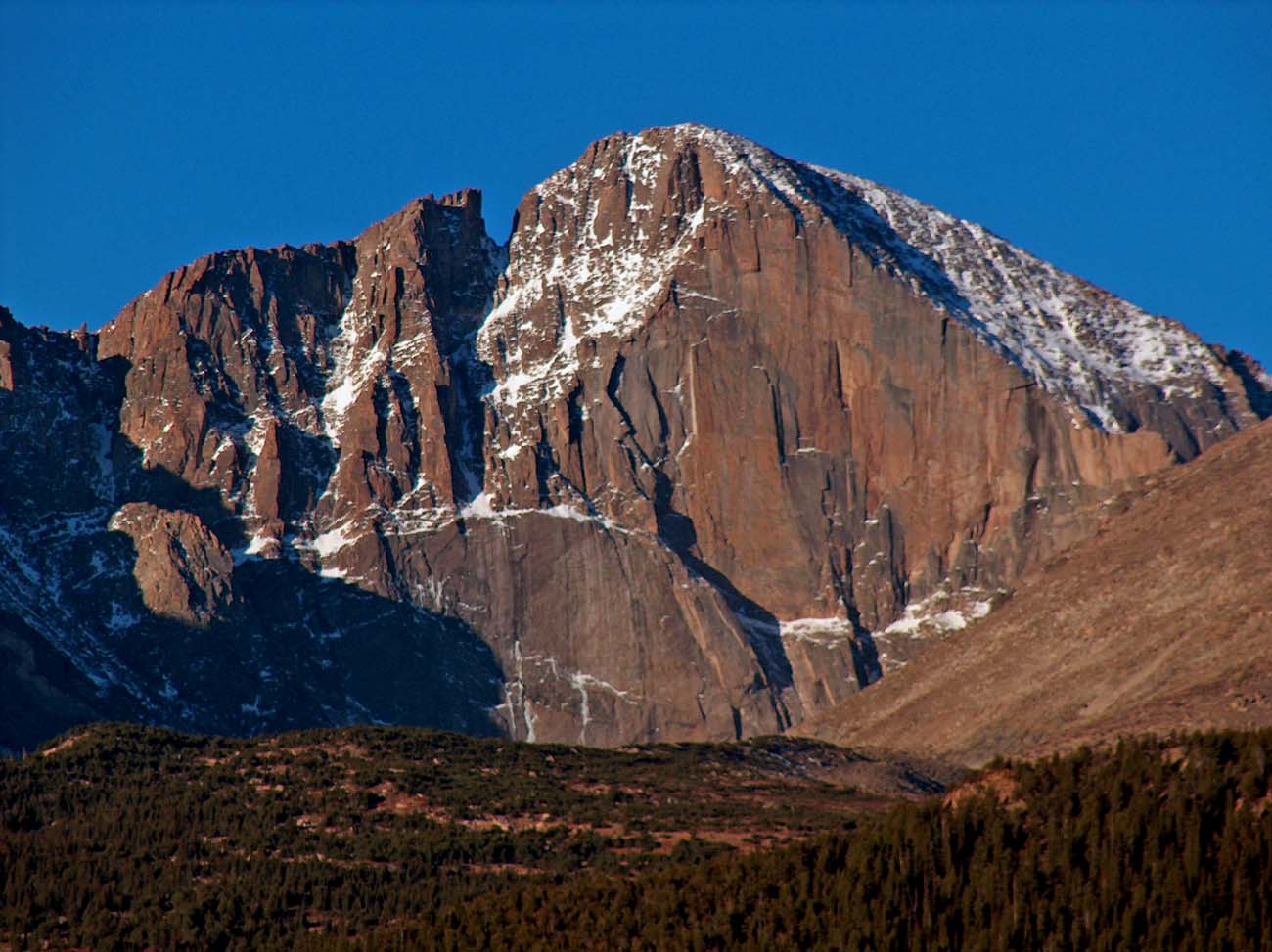 East face of Longs Peak, including The Diamond, showing multiple climbing routes.