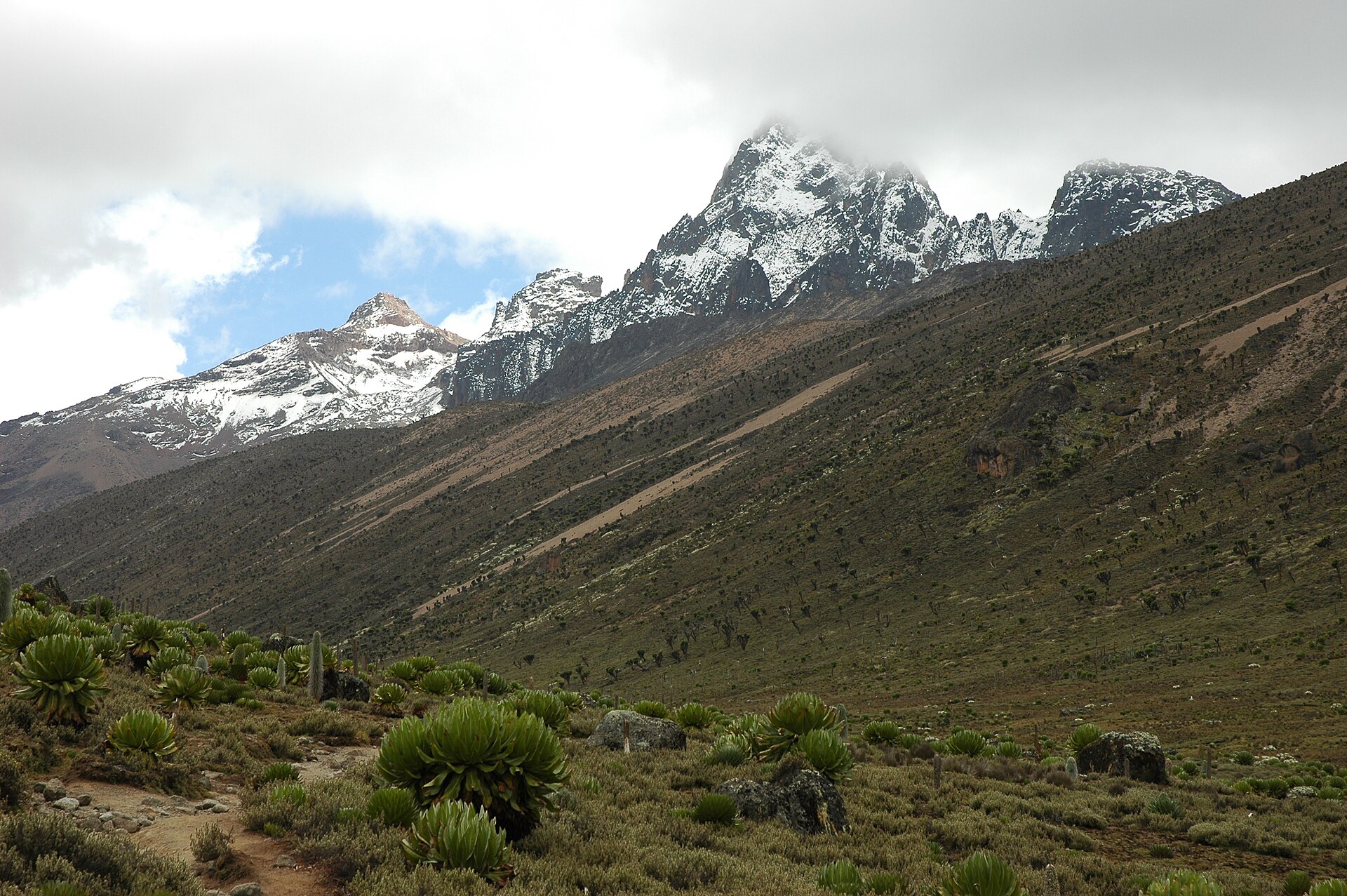 Mount Kenya's high volcanic peaks above the surrounding landscape